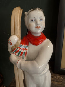 1950s Lomonosov Porcelain Figurine – Girl Skier by Elizabeth N. Lupanova – 21cm High