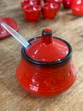 Vintage 1970s West German Pottery Breakfast Set – Butter Dish, Jam Pot, Salt & Pepper Shakers, 6 Egg Cups – Retro Red Glaze