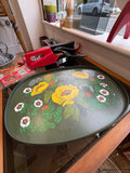Vintage St Michael melamine tray with mustard yellow poppies on olive green background 