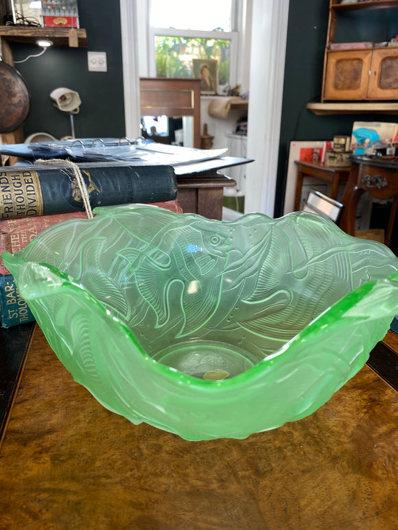 Art Deco embossed fish pattern uranium glass bowl