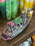 Vintage Chrome “Falmouth” Ship Cruet Set with Blue Glass Liners, 1930s–40s