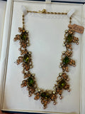 Florenza Signed Vintage Necklace, 1950s Gold Tone, Peridot Green Rhinestones & Faux Seed Pearls — As Found
