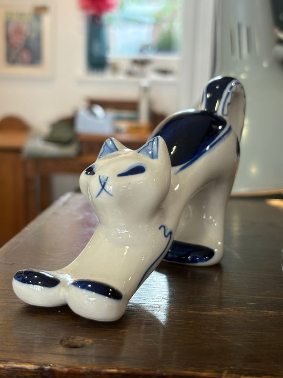 Vintage Gzhel blue and white porcelain stretching cat figurine
