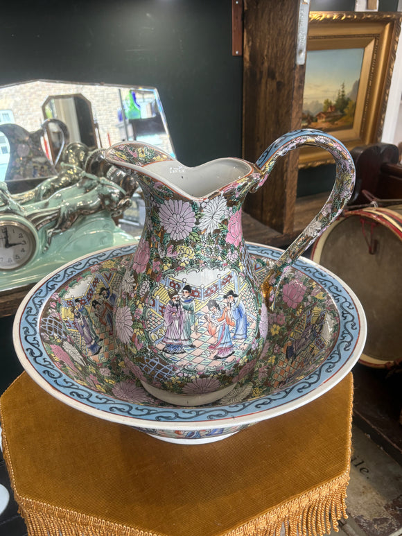 Large Chinese Famille Rose ceramic jug and bowl with floral decoration