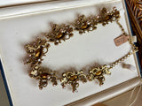 Florenza Signed Vintage Necklace, 1950s Gold Tone, Peridot Green Rhinestones & Faux Seed Pearls — As Found