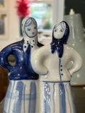 Vintage 1970s Russian Gzhel porcelain figurine – hand painted peasant women