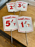 Set of four vintage butcher’s shop price labels