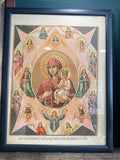 Antique 19th Century Russian Religious Lithograph – The Unburnt Thornbush Icon of the Virgin Mary – Framed (36cm x 47.25cm)