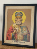 Antique 19th Century Russian Religious Lithograph – Saint Nicholas the Wonderworker – Framed (36.5cm x 45.5cm)