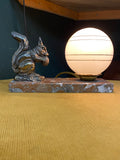 1930s Art Deco Squirrel Lamp – Cast Metal on Marble Base with Opalescent Glass Shade