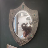 Antique Arts & Crafts Glasgow School Armorial Wall Mirror – Pewter, Wood & Cabochon Stones (1890s)