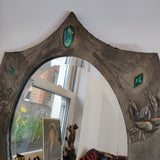 Antique Arts & Crafts Glasgow School Armorial Wall Mirror – Pewter, Wood & Cabochon Stones (1890s)